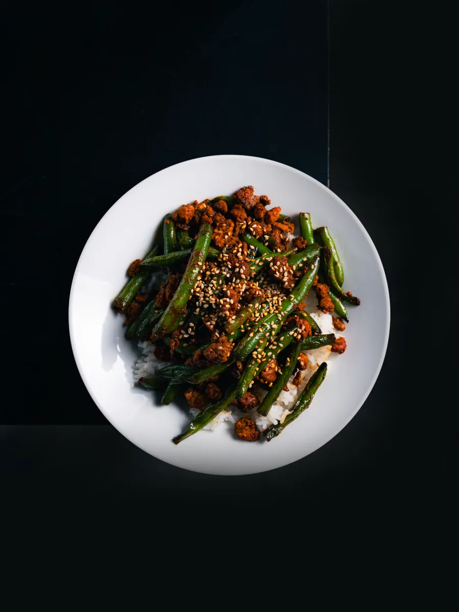 Overhead plated dish, food photography by Aki